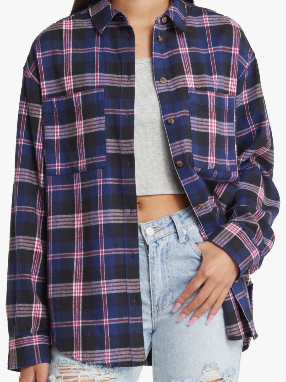 bp Navy and Pink Cozy Plaid Oversized Cotton Flannel Shirt